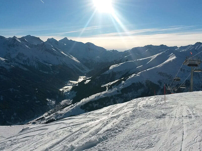 Hintertux Glacier in winter with a view of the valley