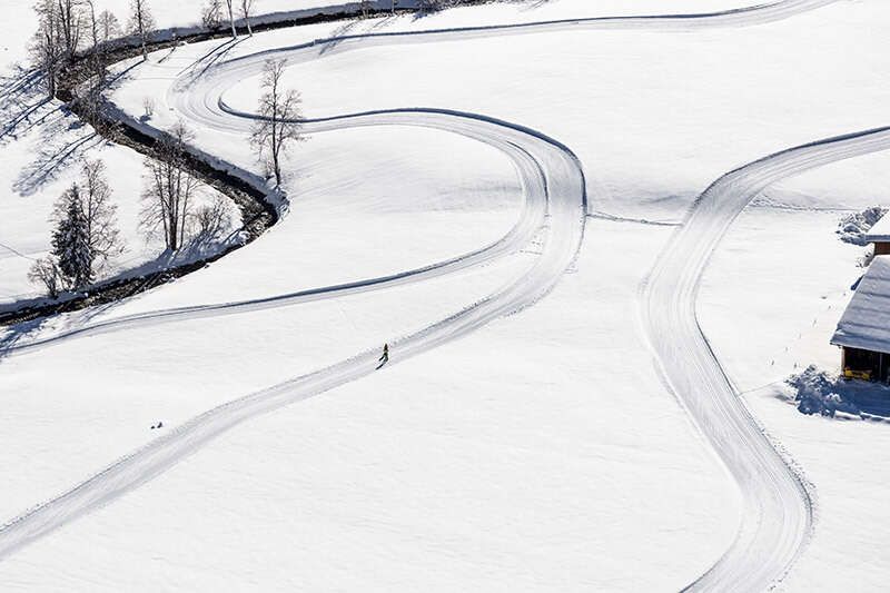 Aerial view of the cross-country ski trail in the Tux Valley