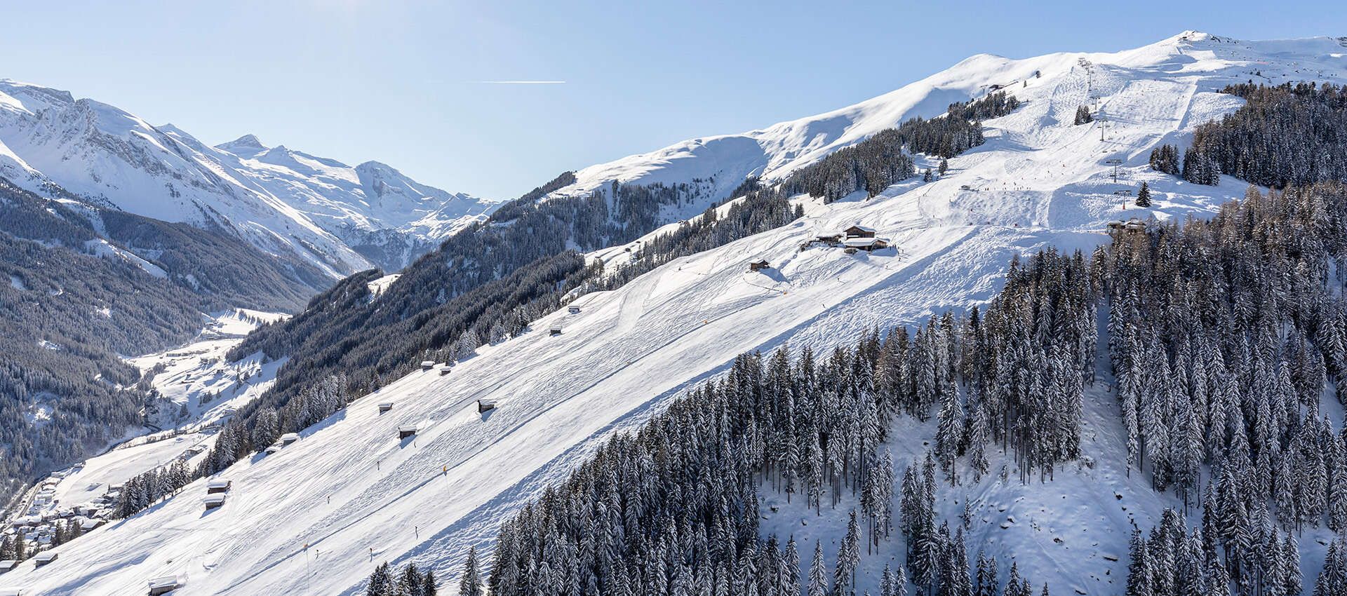 Aerial view of the Hintertux Glacier ski area in winter